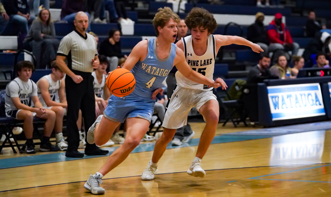 Wyatt Kohout (4) drives baseline against Pine Lake Prep on Dec. 29 in the semifinals of the High Country Holiday Classic at Lentz Eggers Gym. Photographic image by David Rogers